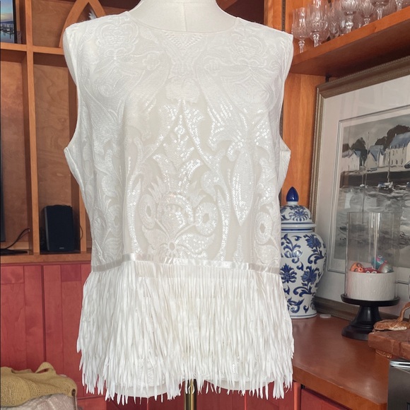 Melanie Lyne Holiday Elegant White Sleeveless Top Fringe Size 8 Party Sequin - Picture 2 of 13
